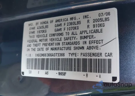 2006 Honda Accord 3.0 Lx from USA, damaged, VIN 1HGCM66366A073366